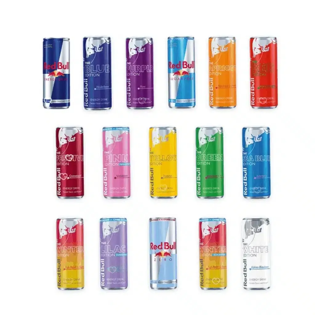 Les 24 canettes du calendrier Red Bull alignées
