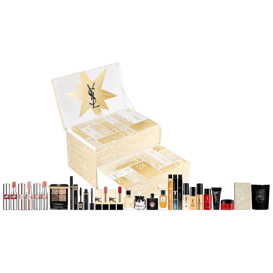 Les vingt-quatre produits Yves Saint Laurent alignés
